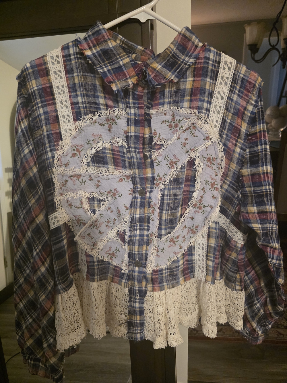 POL Blue and Red Plaid Button-Down Shirt with Lace and Floral Appliqué